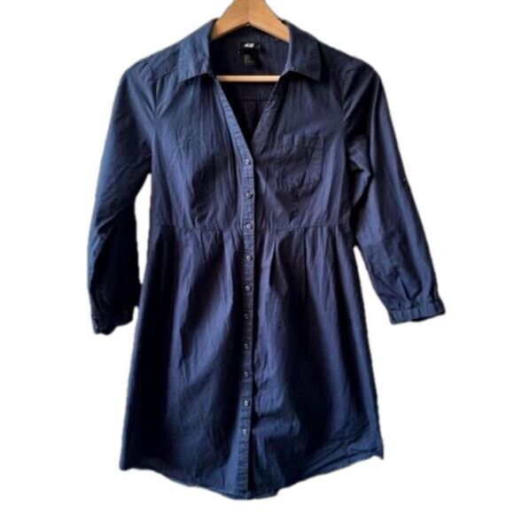 H&M blue shirt dress tunic size 2 front button button down casual trendy office - Picture 1 of 3